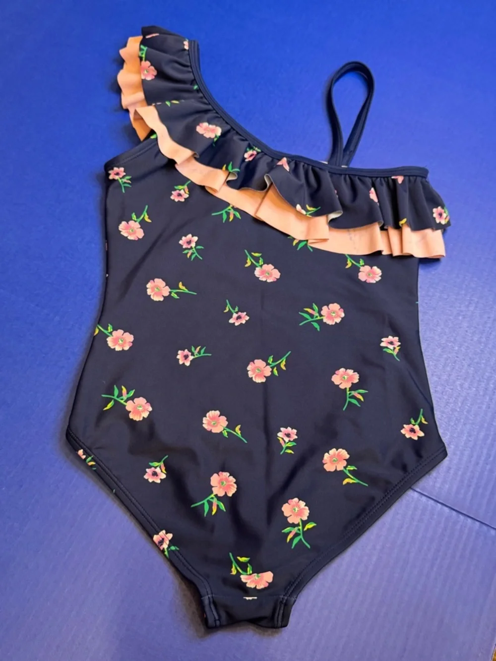 Kanu Surf Navy One-Shoulder Floral Ruffle Girls One-Piece Swim
